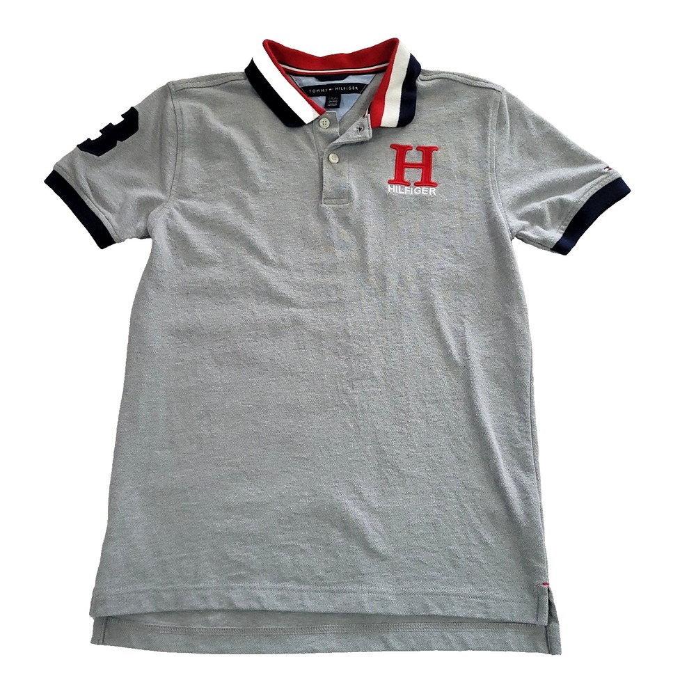 tommy hilfiger Flag Rugby Polo Shirt Youth L 16/18 Embroidered Big H Gray Blue